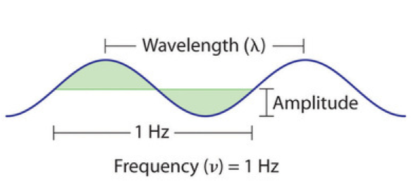 A wave is shown. The wavelength is labeled as the distance between two peaks of the wave. The amplitude is labeled as the distance from the trough of the wave to the point halfway between the peak and the trough. And the frequency is labeled as 1 Hz and spans an entire wavelength, indicating that 1 wavelength passes in 1 second, giving a frequency of 1 Hz.