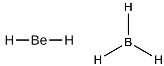 Two Lewis structures are shown. The left shows a beryllium atom single bonded to two hydrogen atoms. The right shows a boron atom single bonded to three hydrogen atoms.