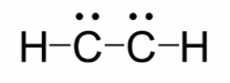 Rough Lewis structure for C subscript 2 H subscript 2. There is a H atom at the left that is singly bonded to a carbon atom. The carbon atom has 1 lone pair and is singly bonded to another carbon atom. That carbon atom has a single lone pair and is singly bonded to a hydrogen atom.