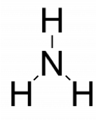 Rough Lewis structure of ammonia. A central nitrogen atom is singly bonded to 3 hydrogen atoms, arranged in a trigonal planar arrangement.
