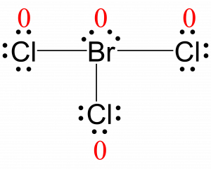 Lewis structure for BrCl3 with the formal charge of each atom written next to them in red. The formal charge of every atom is zero.