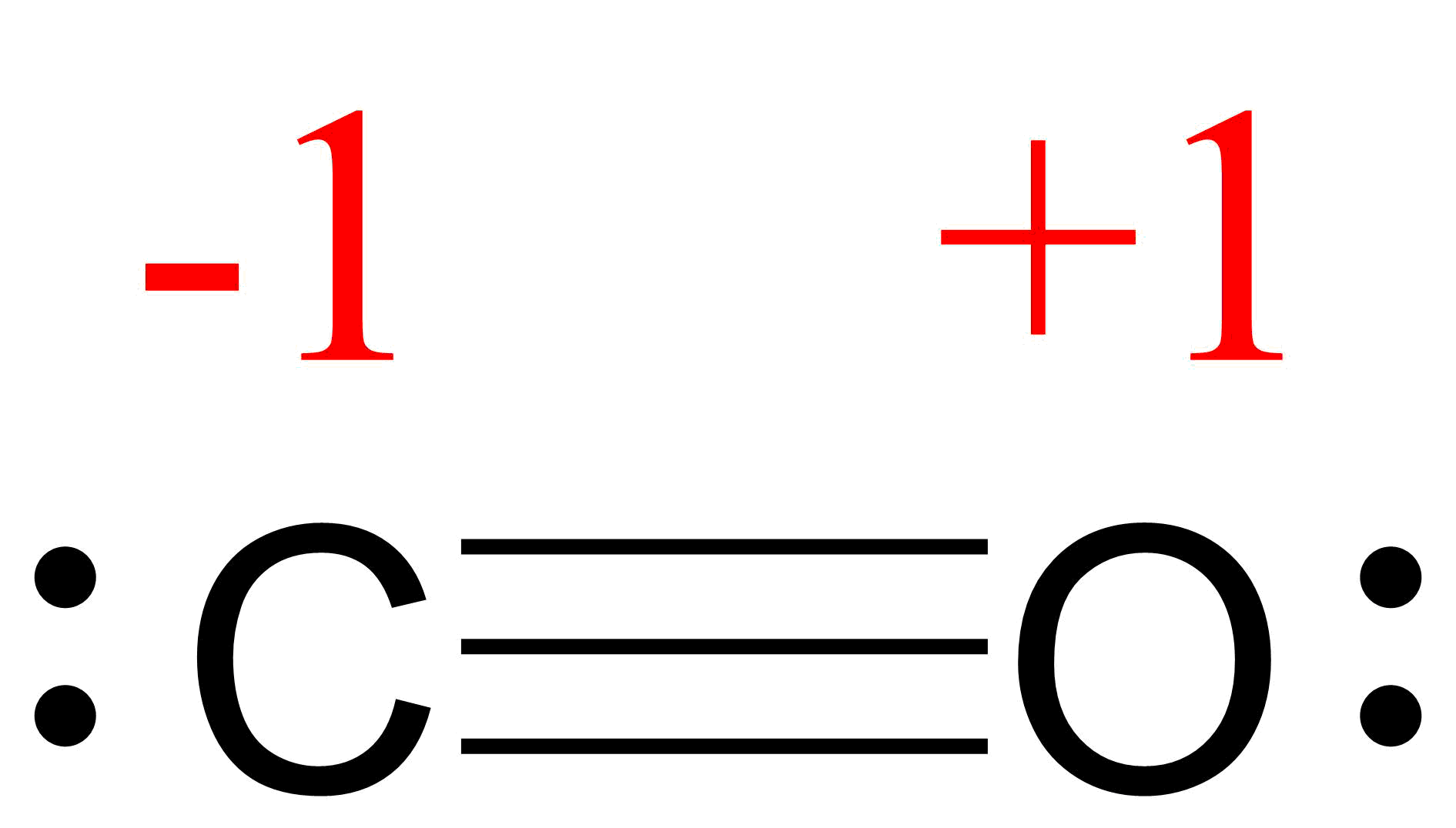 Lewis structure for CO. Carbon is triple bonded to the oxygen atom. Each atom has a lone pair. This gives the carbon atom a formal charge of minus 1, and the oxygen a formal charge of plus 1.