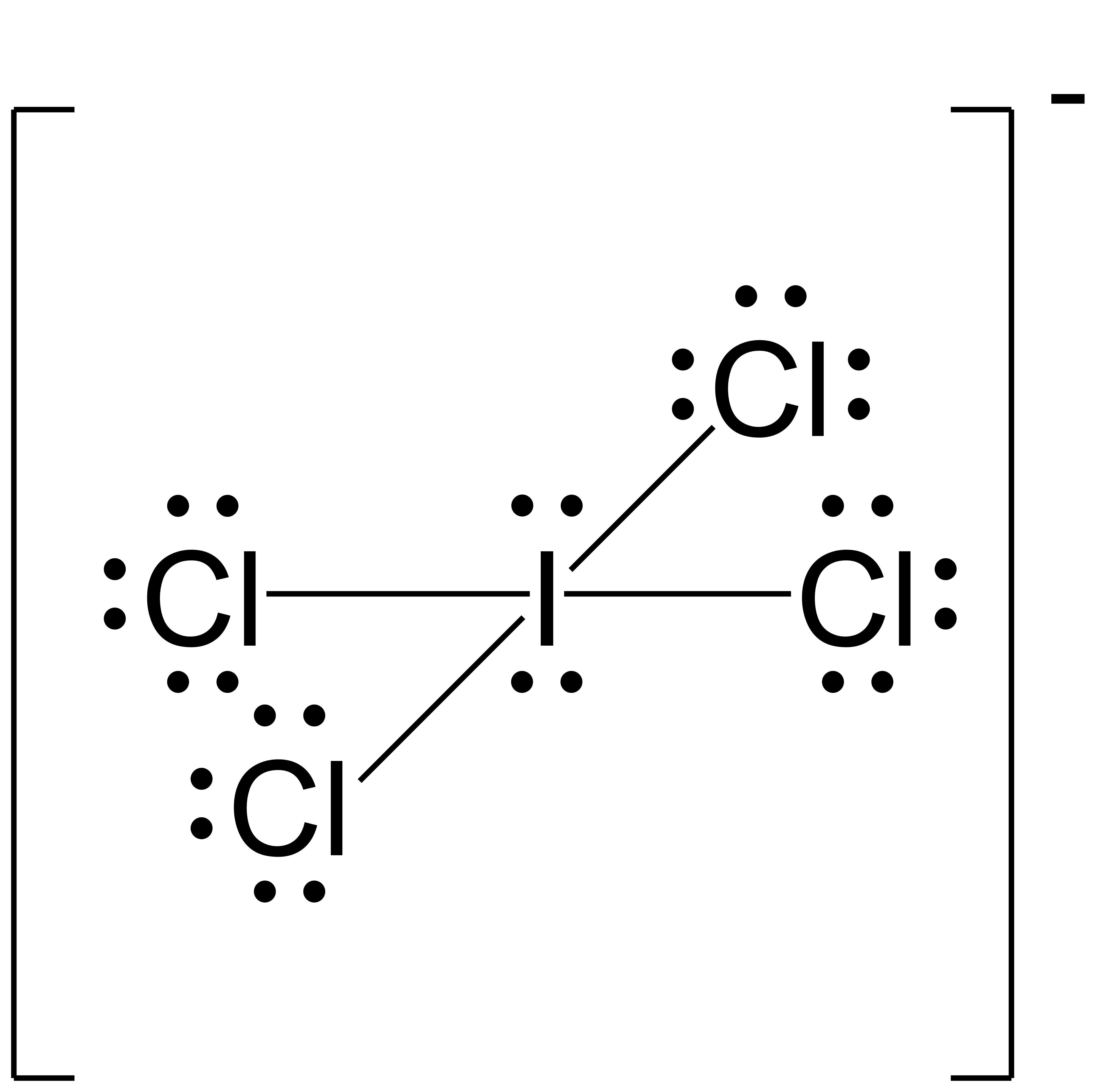 Resonance Structure for ICl4. The central iodine atom is singly bonded to four chlorine atoms. The central iodine atom also has two lone pairs.