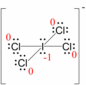 Lewis structure for ICl4 with formal charges written next to each atom in red. The only non-zero formal charge is minus 1 written next to the central iodine.