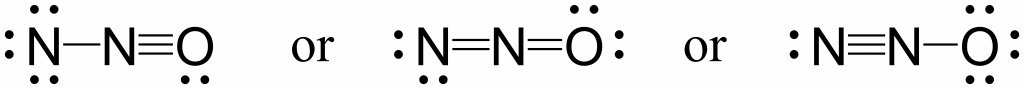 Three possible resonance structures for N2O. On the left a central nitrogen is triple bonded to the oxygen on the right, and single bonded to the nitrogen on the left. In the central resonance structure the central nitrogen is double bonded both to the nitrogen on the left and the oxygen on the right. In the right resonance structure the central nitrogen is triple bonded to the nitrogen on the left, and single bonded to the oxygen on the right.