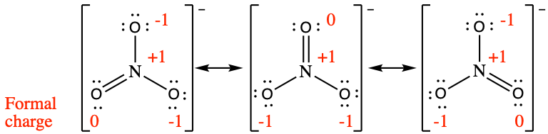 [Three Lewis structures are shown, with brackets surrounding each with a superscripted negative sign and a double ended arrow in between. The left structure shows a nitrogen atom single bonded to two oxygen atoms, each with three lone pairs of electrons and double bonded to an oxygen atom with two lone pairs of electrons. The single bonded oxygen atoms are labeled, from the top of the structure and going clockwise, “open parenthesis, negative 1, close parenthesis, open parenthesis, positive 1, close parenthesis”. The symbols and numbers below this structure read “open parenthesis, 0, close parenthesis, open parenthesis, negative 1, close parenthesis. The middle structure shows a nitrogen atom single bonded to two oxygen atoms, each with three lone pairs of electrons, one of which is labeled “open parenthesis, positive 1, close parenthesis” and double bonded to an oxygen atom with two lone pairs of electrons labeled “open parenthesis, 0, close parenthesis”. The symbols and numbers below this structure read “open parenthesis, negative 1, close parenthesis, open parenthesis, negative 1, close parenthesis. The right structure shows a nitrogen atom single bonded to two oxygen atoms, each with three lone pairs of electrons and double bonded to an oxygen atom with two lone pairs of electrons. One of the single bonded oxygen atoms is labeled, “open parenthesis, negative 1, close parenthesis while the double bonded oxygen is labeled, “open parenthesis, positive 1, close parenthesis”. The symbols and numbers below this structure read “open parenthesis, negative 1, close parenthesis” and “open parenthesis, 0, close parenthesis”.]