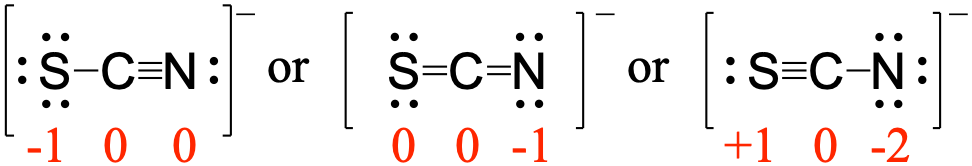Three separate resonance structures for S C N are displayed left to right. The left structure has the central carbon single bonded to a sulfur on the left (which has 3 lone pairs) and triple bonded to a nitrogen on the right (which has 1 lone pair). There are brackets around the structure and a superscript negative. The formal charges are -1 for S, 0 for C and 0 for N. The central resonance structure has the central carbon double bonded to sulfur on the left (which has 2 lone pairs) and double bonded to nitrogen on the right (which has 2 lone pairs). There are brackets around the structure and a superscript negative. The formal charges are 0 for S, 0 for C and -1 for N. The right resonance structure has the central carbon triple bonded to sulfur on the left (which has 1 lone pairs) and single bonded to nitrogen on the right (which has 3 lone pairs). There are brackets around the structure and a superscript negative. The formal charges are +1 for S, 0 for C and -2 for N.