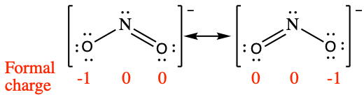 [Two Lewis structures are shown, with brackets surrounding each with a superscripted negative sign and a double ended arrow in between. The left structure shows a nitrogen atom with one lone pair of electrons single bonded to an oxygen atom with three lone pairs of electrons and double bonded to an oxygen atom with two lone pairs of electrons. The symbols and numbers below this structure read “open parenthesis, 0, close parenthesis, open parenthesis, 0, close parenthesis, open parenthesis, negative 1, close parenthesis. The right structure appears as a mirror image of the left and the symbols and numbers below this structure read “open parenthesis, negative 1, close parenthesis, open parenthesis, 0, close parenthesis, open parenthesis, 0, close parenthesis.]