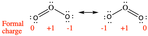 Two Lewis structures are shown with a double-headed arrow in between. The left structure shows an oxygen atom with one lone pair of electrons single bonded to an oxygen atom with three lone pairs of electrons. It is also double bonded to an oxygen atom with two lone pairs of electrons. The symbols and numbers below this structure read, “( 0 ), ( positive 1 ), ( negative 1 ).” The phrase, “Formal charge,” and a right-facing arrow lie to the left of this structure. The right structure appears as a mirror image of the left and the symbols and numbers below this structure read, “( negative 1 ), ( positive 1 ), ( 0 ).”