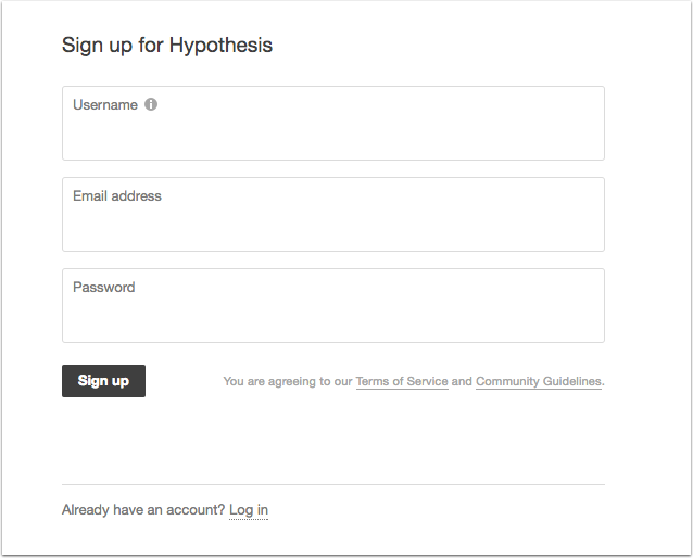 The sign-up window for Hypothesis requires a username, email address, and password.