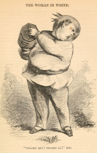 A rotund man plays a small accordion. Caption reads "Figaro qua! Figaro La! Etc."