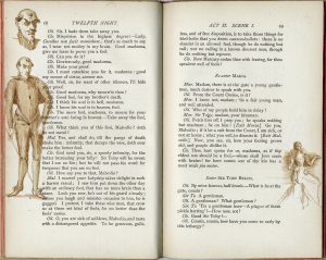 printed pages of the text feature overlapping ink-wash illustrations of a man with a sword and a woman in a gown