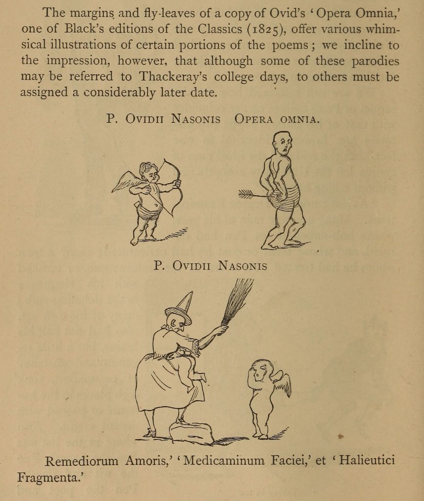 Reproduced illustrations show Cupid an arrow into man and then, below, being switched by a woman in a pointy hat while another sorrowful cherub looks on.