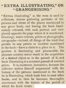 First paragraph of 1903 "Extra Illustrating" article describes adding watercolors, drawings, prints, and photos to texts.