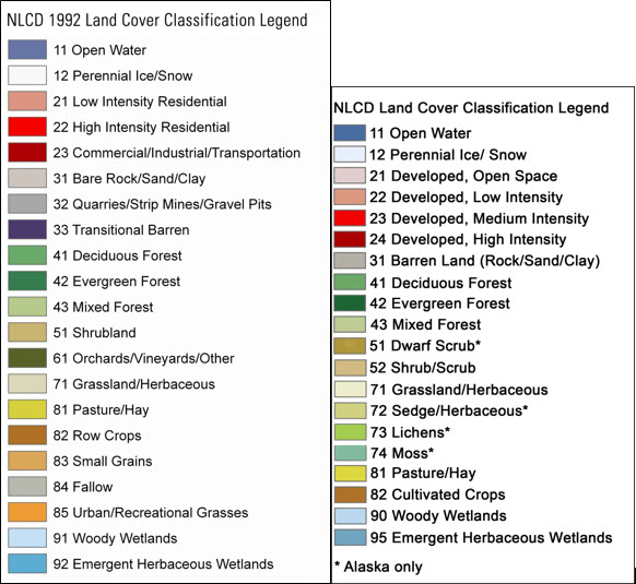 NLCD 1992 21-class classification on left, 2011 16-class classification on right.