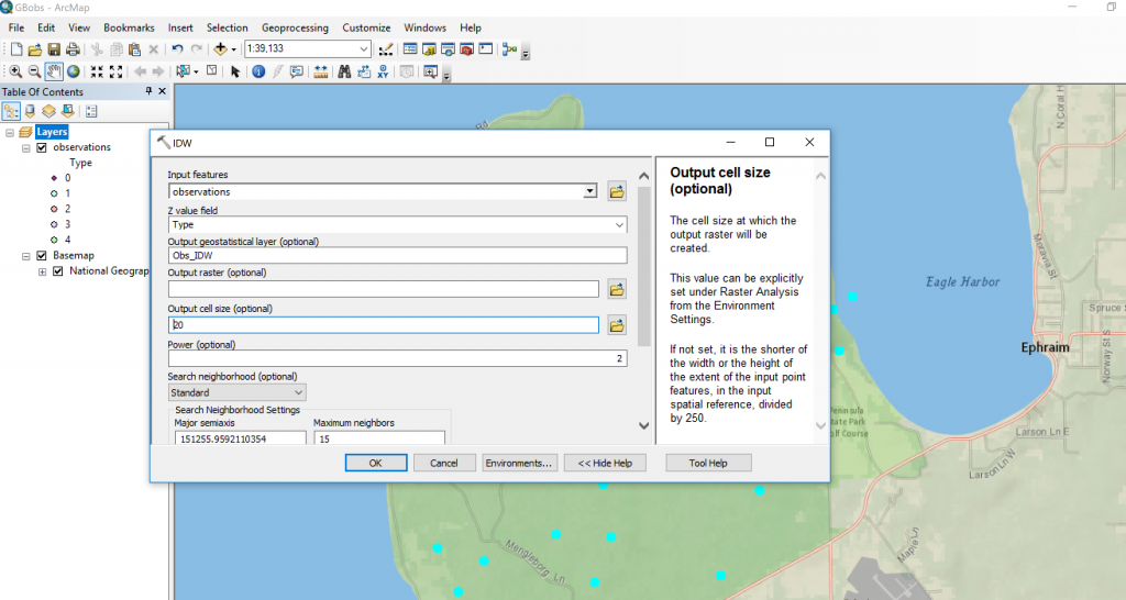 Screen shot from ArcMap 10.4 showing IDW dialog window, by author.