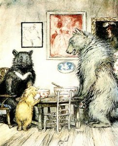 The three bears with their bowls of porridge, too hot, too cold, and just right.