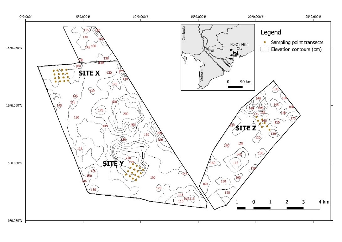 Tràm Chim National Park, Đồng Tháp Province, Vietnam with survey sites X, Y, and Z. Figure by Senner et al. (in review), from author’s Landscape Conservation Lab