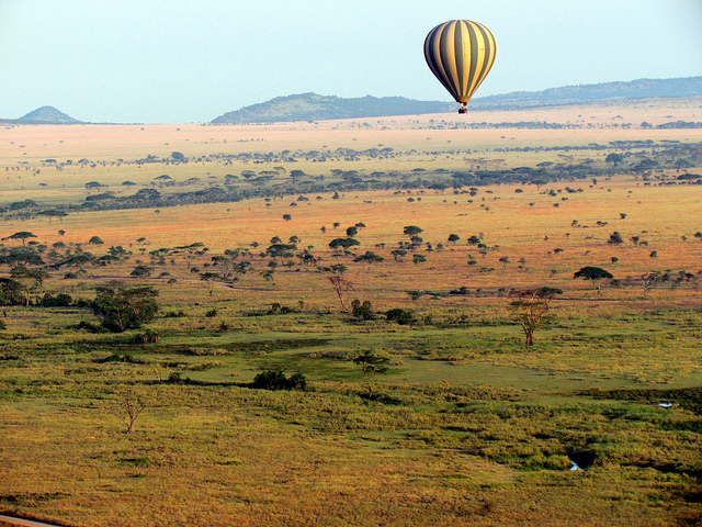 Hot Air Balloon flying over the Serengeti, Tanzania.