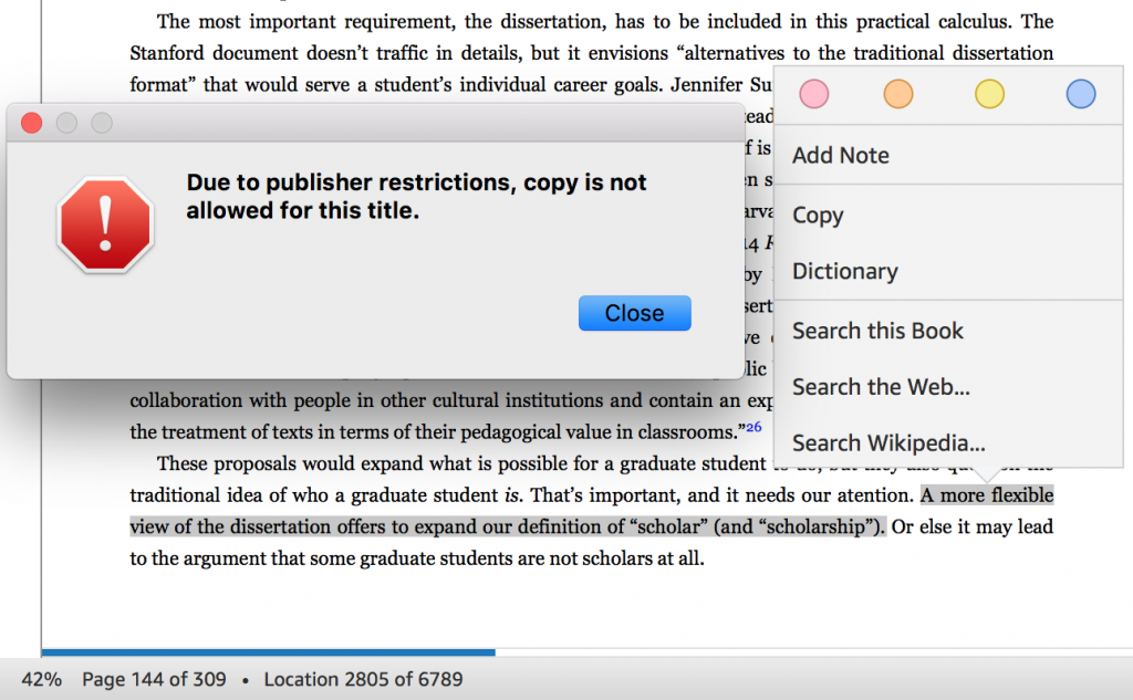 Error message reads "Due to publisher restrictions, copy is not allowed for this title."