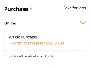 Text reads: Article purchase: 24-hours access for USD 50.00 *Local tax will be added as applicable.