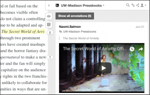 screenshot of web version of this text with the movie title "The Secret World of Arrietty" highlighted section on the left and an annotation on the right that contains the video trailer for that movie.