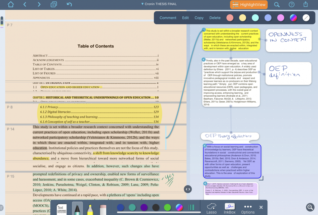 Screenshot of LiquidText platform juxtaposes multiple highlights on the main reading frame and includes an additional notetaking pane for excerpts and handwritten notes.