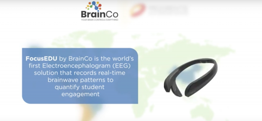 Screenshot of BrainCo video ad featuring an EEG headband: a wraparound plastic band with two larger probe bulbs at either end.