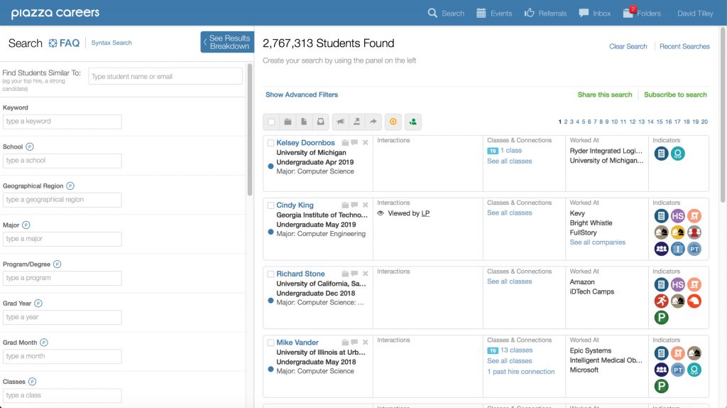 Piazza Careers search menu tells companies that it has over million students and provides search parameters like region, major, minor, and classes.