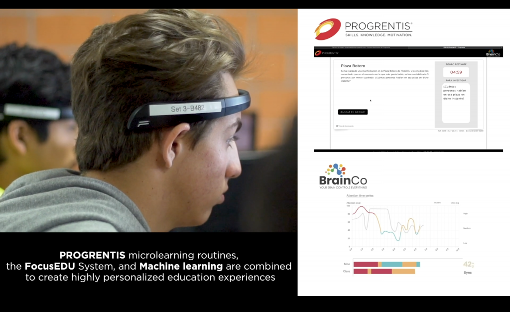 Promotional material featuring a student wearing the EEG headband over his forehead while a graph appears to be measuring his brainwaves.