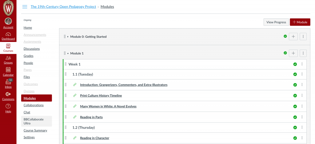 Canvas course modules page including embedded chapters from the critical edition