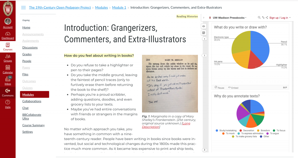 The introductory chapter of the interactive critical edition embedded in canvas. The annotation layer is displayed with a reader poll inside.