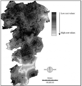 Cost-distance-surface map