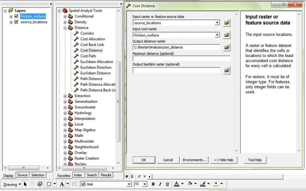 Cost Distance tool screen