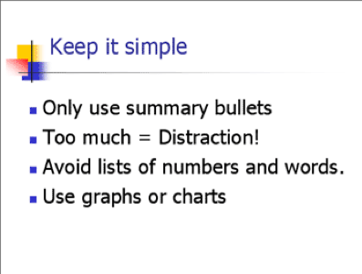 better slide text = - only use summary bullets / - too much = distraction! / - Avoid lists of numbers and words -/ use graphs or charts