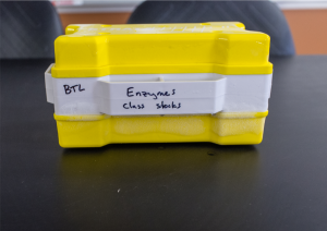 Image of a yellow and white freezer block that can be found on the TA table containing any required enzymes for the day's lab. Box is labeled "Enzymes Class Stocks"
