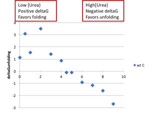 Plot of deltaG versus urea concentration. Text boxes point out key features: at low urea concentration, deltaG is positive, and the protein favors folding. At high urea concentrations, deltaG is negative and the protein favors unfolding.