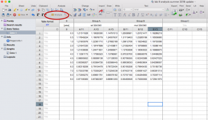 Image of the Prism Data Table window, with data entered, and the "Analyze" button circled