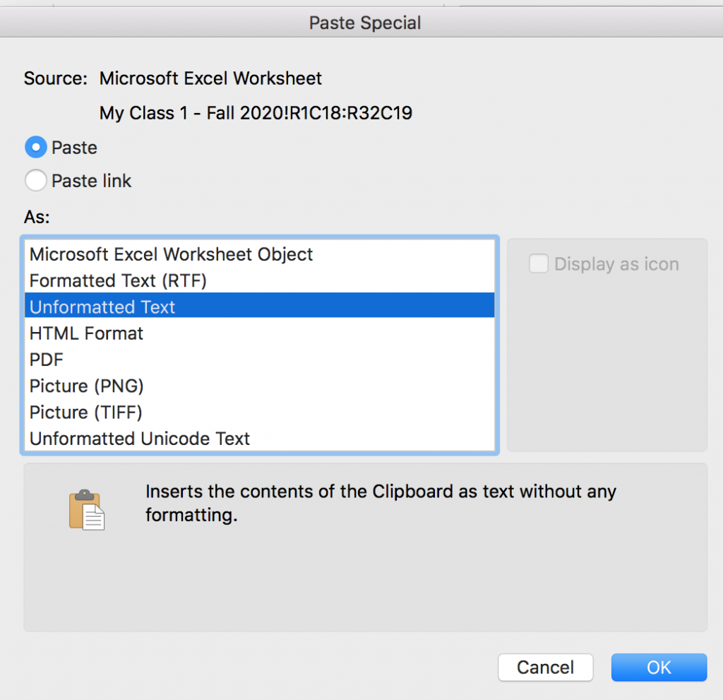Microsoft Word's Paste Unformatted Text option