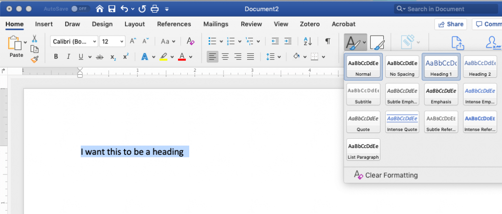 microsoft word heading 1