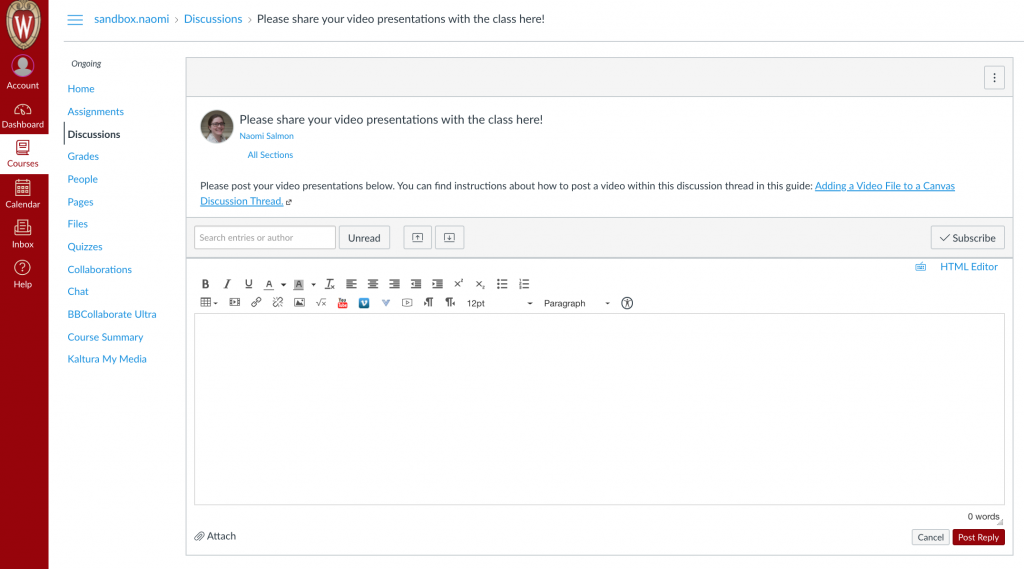 Adding a Video File to a Canvas Discussion Thread Tiny Teaching Tools