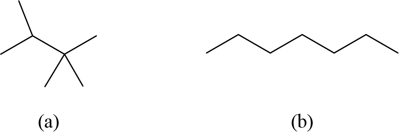 Figure a shows a branched skeleton structure that looks like a plus sign with line segments extending up and to the right and down and to the left of the rightmost point of the plus sign. Figure b appears in a zig zag pattern made with six line segments. The segments rise, fall, rise, fall, rise, and fall moving left to right across the figure.