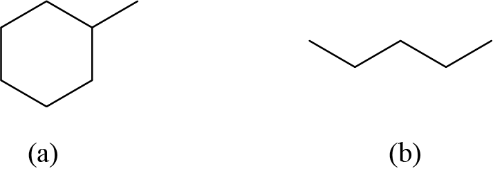 In a, a hexagon with a vertex at the top is shown. The vertex just to the right has a line segment attached that extends up and to the right. In b, a zig zag pattern is shown in which line segments rise, fall, rise, fall, and rise moving left to right.