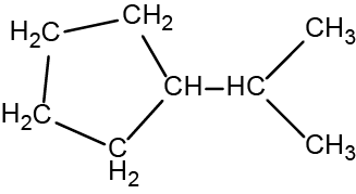 In this figure a ring composed of four C H subscript 2 groups and one C H group in a pentagonal shape is shown. From the C H group, which is at the right side of the pentagon, a C H is bonded. From this C H, a C H subscript 3 group is bonded above and to the right and a second is bonded below and to the right.