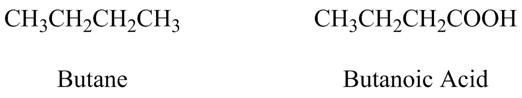 Two condensed formulas are shown: the formula on the left is butane and the formula on the right is butanoic acid. Condensed formulas are chemical formulas written to indicate bonding order. Butane reads CH3CH2CH2CH3. Butanoic acid reads CH3CH2CH2COOH.