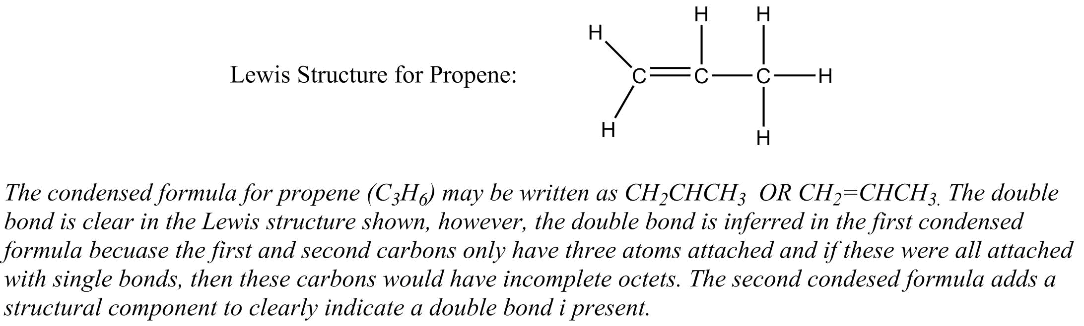 The condensed formula for propene, C3H6 (Lewis sturcture shown), may be written either as CH2CHCH3 or CH2=CHCH3.