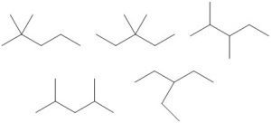Isomers of heptane with five carbons in the longest chain: 5 bond-line structures; 2,2-dimethylpentane, 3,3-dimethylpentane, 2,3-dimethylpentane, 2,4-dimethylpentane, and 3-ethylpentane