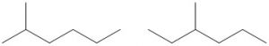 Isomers of heptane with a longest carbon chain of 6 carbons: two bond-line structures; 2-methyl hexane and 3-methyl hexane