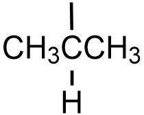 Isopropyl substituent. CH3CHCH3, with a bond line coming from the second (or center) carbon, indicating where it will bond to a carbon chain