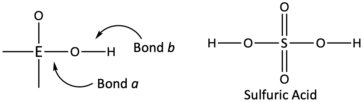 This figure contains two structures. The left structure has a central atom labeled E with a single bond to the left to nothing, a single bond down to nothing, a single bond up to oxygen, and a single bond to the right to oxygen, which has a single bond to hydrogen. The single bond between E and O is labeled Bond a and the single bond between oxygen and hydrogen is labeled Bond b. The second structure to the right is labeled Sulfuric Acid. There is a central Sulfur atom with single bonds to oxygen to the left and right and a double bond to oxygen to the top and bottom. The oxygens to the left and right are also single bonded to one hydrogen each.